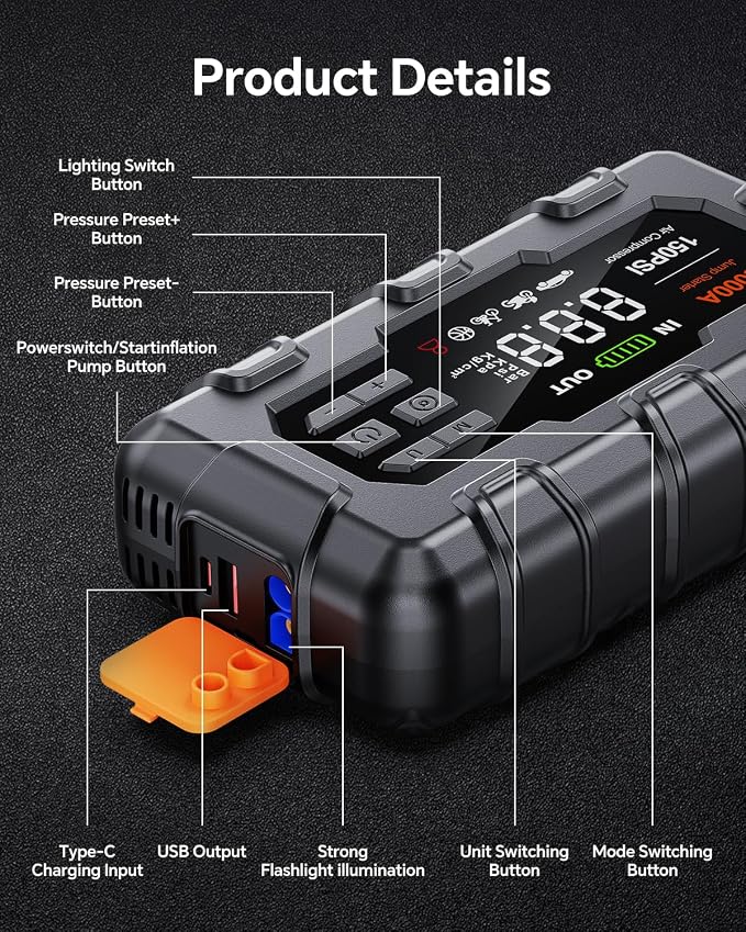 THEKUKU Jump Starter with Air Compressor, 5000A Car Battery Jumper Starter Portable, 12V Jump Box with Display,PD 45W,LED Light, Jumper Cables, and Storage Case