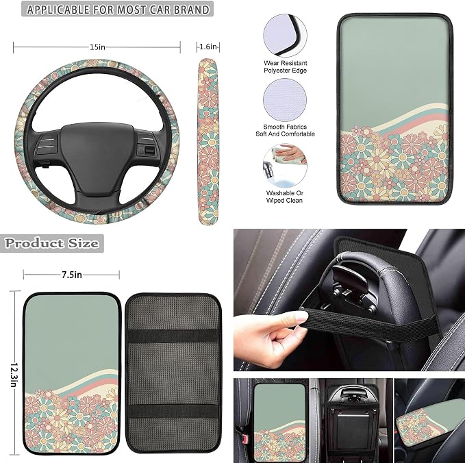 Abstract 70S Groovy Flower Auto Seat Cover Full Set for Women,12 Pack Green Swirl Wavy Auto Front Back Seat Cushion Protective Accessory with Coaster Keyring Steering Wheel Cover Armrest Pad