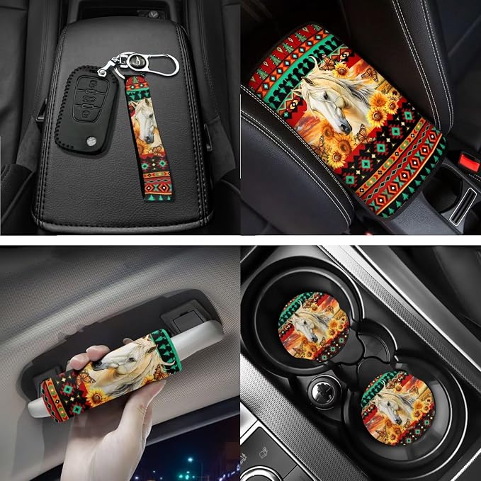 Aztec Horse Print Car Seat Covers Full Set with Steering Wheel Cover Floor Mats Armrest Pad Seat Belt Pads Roof Handle Wraps Cup Coaster Keychain Auto Interior Accessories Set of 18