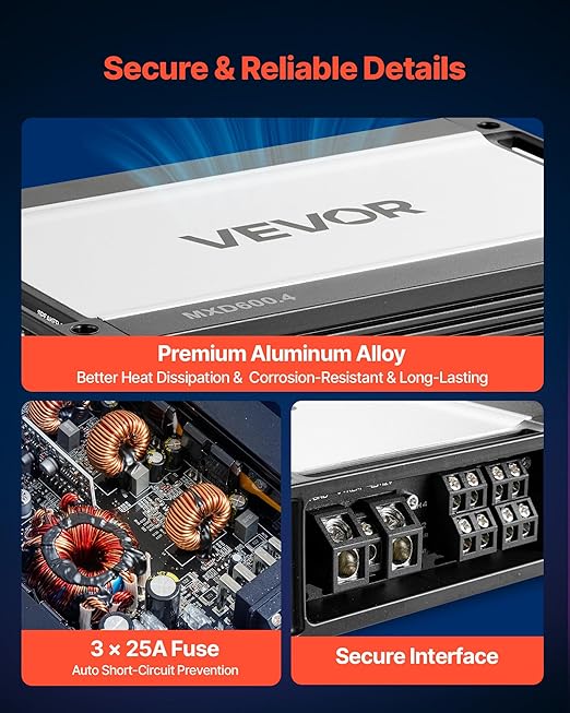 VEVOR 4 Channel Car Audio Amplifier 2 Ohm Stable Bridgeable Class D Full Range Amp Max Power 4 x 420W @ 4 Ohm / 4 x 600W @ 2 Ohm for Car SUV Truck Off-Road