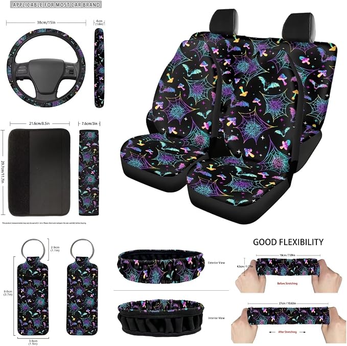 Halloween Galaxy Spider Web Car Seat Cover Full Sets Galaxy Bat Steering Wheel Cover Mushroom Coaster Seat Belt,Keyring,Auto Rear View Mirror Cover,14Pcs Halloween Car Interior Set for Women