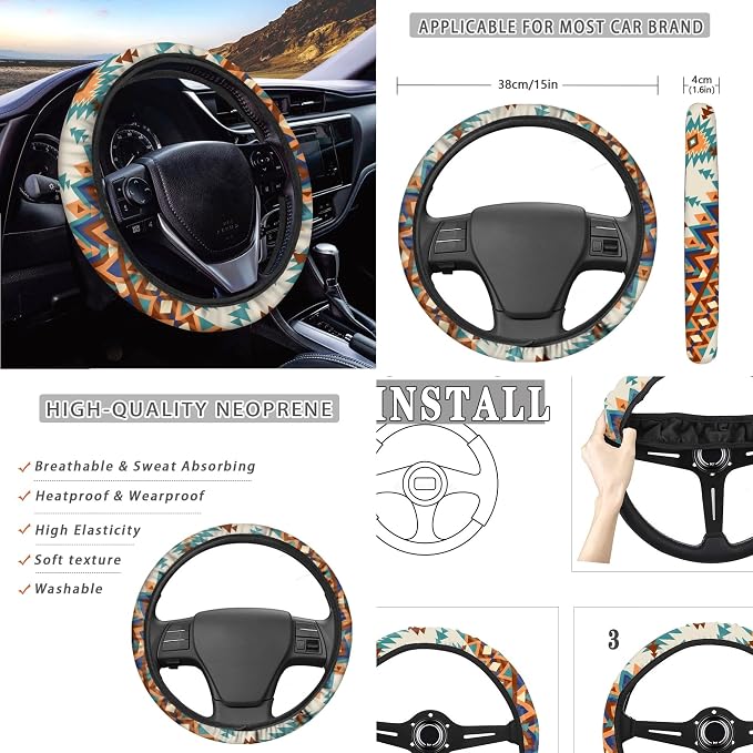 Aztec Tribal Seat Covers Full Set with Steering Wheel Cover, Shoulder Pads, Bucket Seat Covers Car Accessories Universal Fit for Most Cars, Off White and Orange