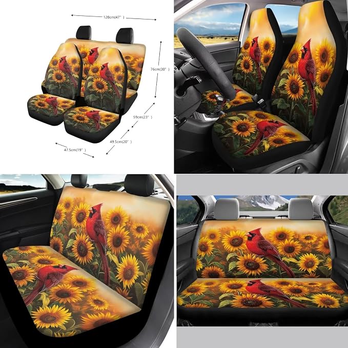 Suobstales Cardinal Sunflower Print Car Accessories Seat Covers for Cars for Women Full Set with Steering Wheel Cover + Seat Belt Covers Shoulder Pads + Coasters + Keychains Interior Cover Set of 11