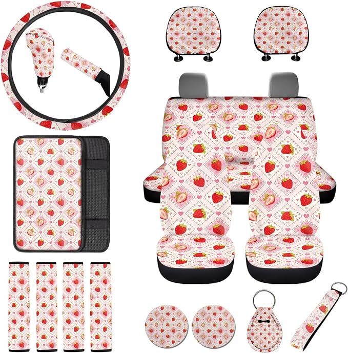 Strawberry Print 18Pcs Car Seat Cover Full Set for Women Cute Front and Back Car Seat Covers with Headrest Covers Steering Wheel Cover Seatbelt Pads Center Console Pad Cup Coasters