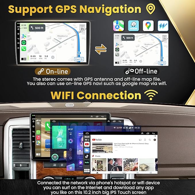 (8Core + 64GB) 10.2 Inch QLED Touch Screen Car Radio for Dodge RAM 1500 2500 3500 2009 2010 2011 2012 with Carplay and Android Auto, Support Bluetooth,WiFi,GPS,FM Radio,Backup Camera & SWC