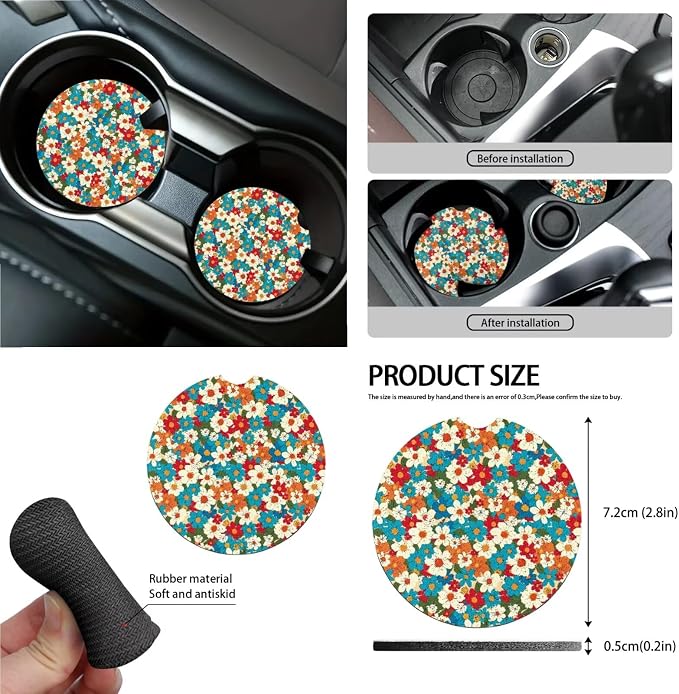 Hippie Boho Blossoms Pattern Car Accessories Car Seat Covers Full Set with Steering Wheel Covers+Seat Belt Pads+Coasters+Keychain+Lipstick Holder Universal Fit(13 Pack)
