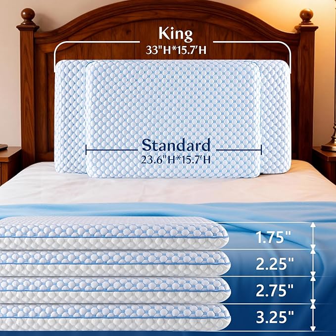 Stomach Sleeping Pillow for Shoulder and Neck Pain Relief, Thin Memory Foam Pillows - Cooling Slim Gel Memory Foam Pillow for Stomach and Back Sleepers ,Low Profile pillows 2.75-inches -King size