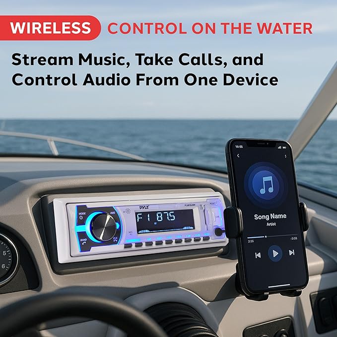 Pyle PLMRB29W Single-DIN In-Dash Digital Marine Stereo Receiver with Bluetooth (White)