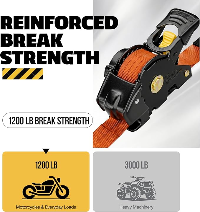 AUGO Retractable Ratchet Straps | 2 Heavy Duty Ratchet Straps Self Retractable Tie Downs with Soft Loops & Storage Bag for Motorcycle, Truck, Trailer, Cargo Van | 1200 Lb Break Strength 1” x 10’