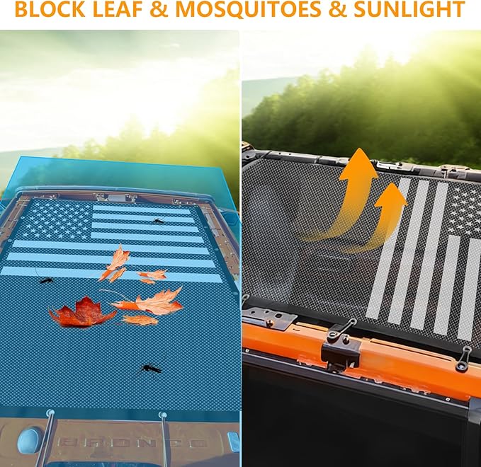 Sunshade for Ford Bronco, Mesh Sun Shade Bikini Top Cover for 2021 2022 2023 2024 2025 2026 4 Door Ford Bronco Exterior Accessories- Blocks UV, Wind, Noise (US Flag)