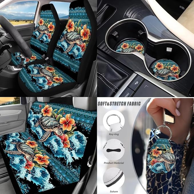 Sea Turtle Car Aaccessories Full Set of 17Pcs,Aztec Sea Turtle Car Seat Covers Set with Car Pass Rubber Floor Mats,Seat Belt Shoulder Pad,Steering Wheel Car Covers,Keychain Wristlet for Women