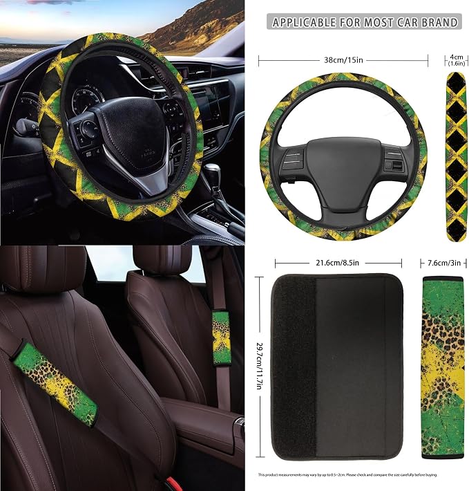 Jamaican Flag Leopard Print Car Front Back Seat Cover Set of 15 Steering Wheel Cover Seatbelt Strap Pad Trash Cans Rearview Mirror Covers Air Vent Storage Holder Coasters Keychain