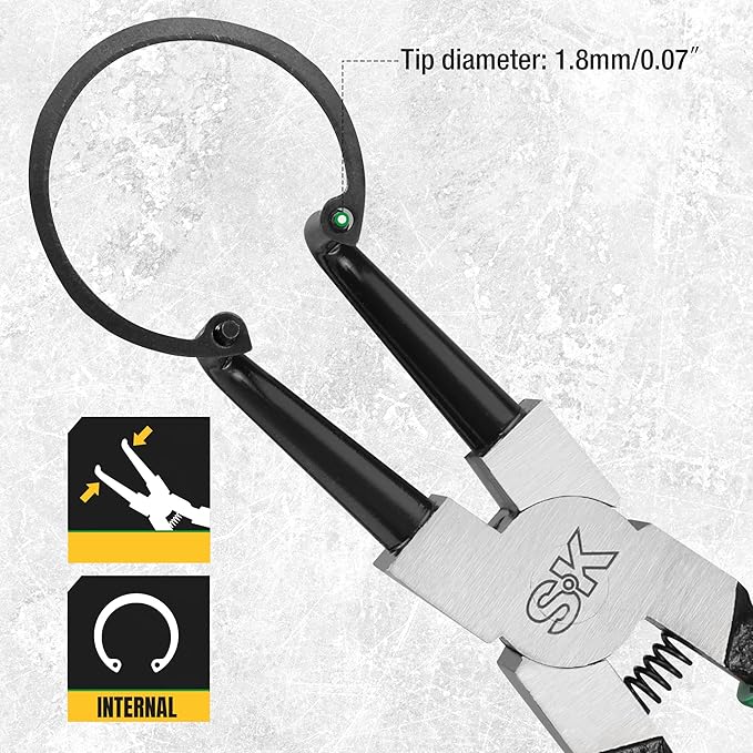 SK 7-Inch Snap Ring Pliers, Internal Circlip Pliers with 90-Degree Bent Jaw, Tip Diameter 0.07'', Premium CR-V Steel