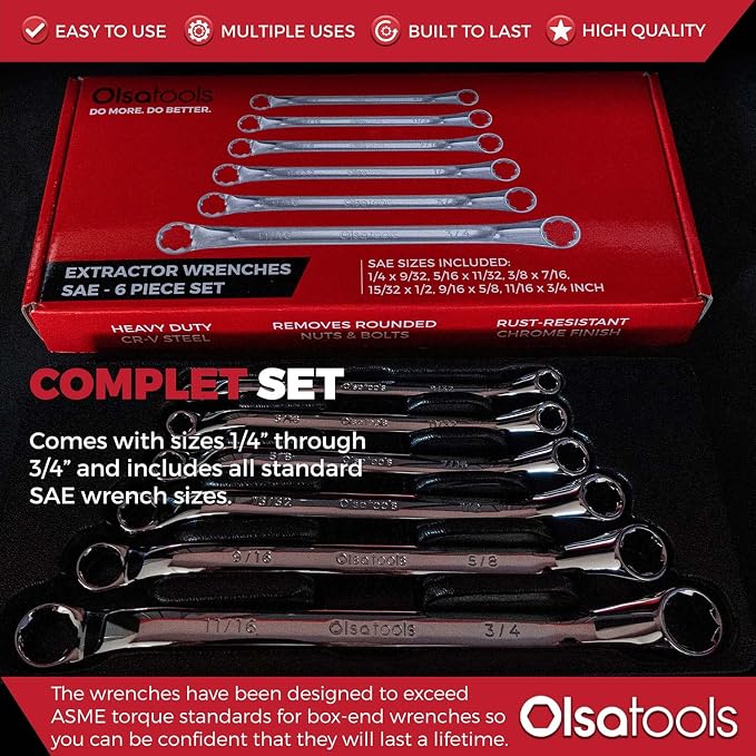 Olsa Tools 6pc Box End Wrench Set, 45-Degree Offset, Chrome Vanadium Steel, Includes Organizer Tray