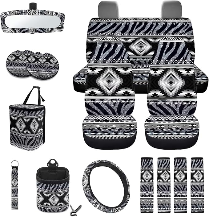 Wanyint Black Gray Car Seat Cover Set 15 Pack with Steering Wheel Seat Belt Strap Rearview Mirror Cover Garbage Cans Air Vent Pouch Coasters Keychain Auto Decor, Aztec Navajo Zebra Print