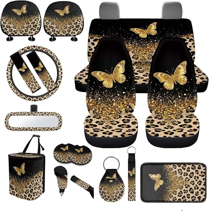 Butterfly Leopard Print Car Seat Covers Full Set Leopard Print Car Accessories Full Set with Butterfly Car Headrest Covers Seat Belt Pads Cover Auto Trash Can Steering Wheel Cover Universal