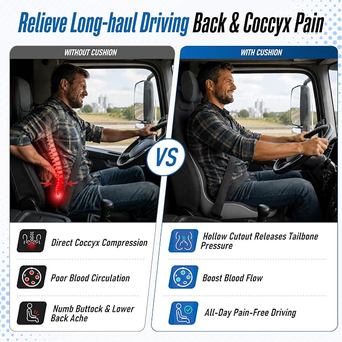 Truck Seat Cushion and Headrest Set for Long Driving - Memory Foam Car Seat Driver Cushion for Tailbone, Back & Sciatica Pain Relief, Ergonomic Lumbar Support for Semi Truck - Drak Gray