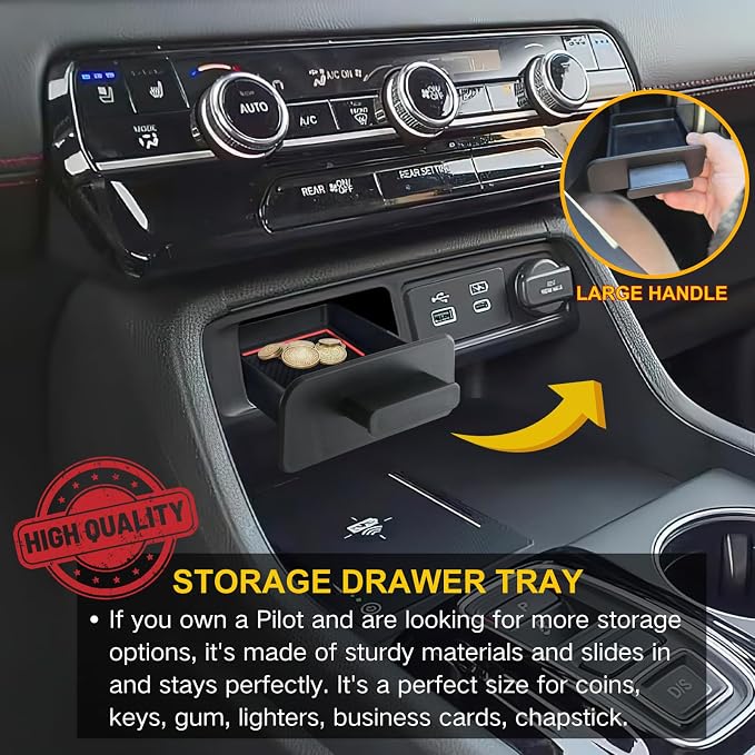 Storage Drawer Tray with Handle for 2026 Honda Passport Trailsport Elite/2025 2024 2023 Honda Pilot Center Console Organizer Accessories Extra Storage (Not for Ridgeline)