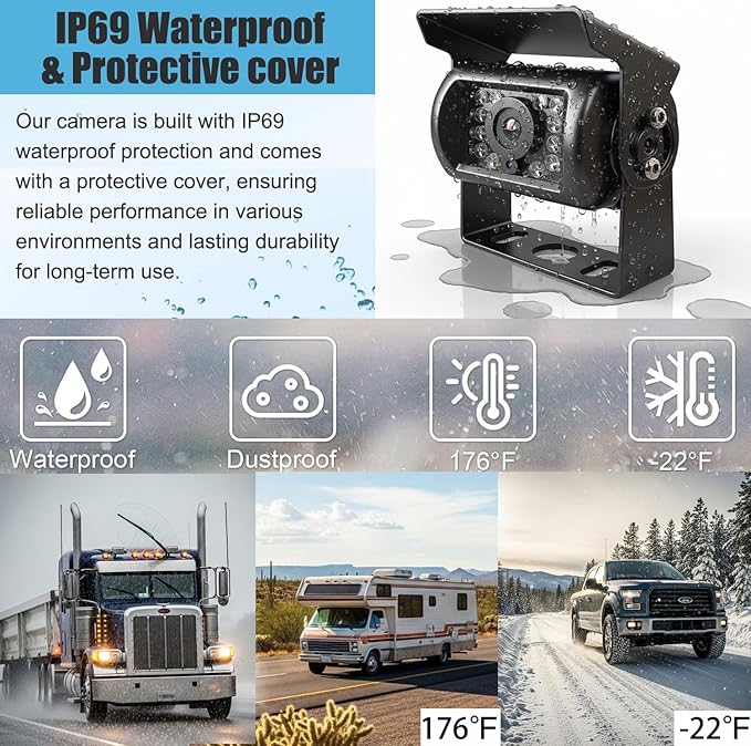Backup Camera Monitor Kit,7" HD 1080P Monitor,IP69 Waterproof Rearview Reversing Rear View Camera for Truck Trailer Semi-Trailer Box Truck RV Pickup Truck,Easy Installation (Single Cam)