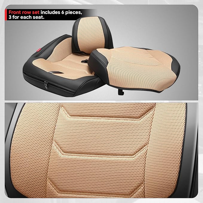 Sport Series Leatherette Front Row Set Seat Covers Universal for Cars Trucks SUV, Beige/Black, CA-SC-Sport-F-BE