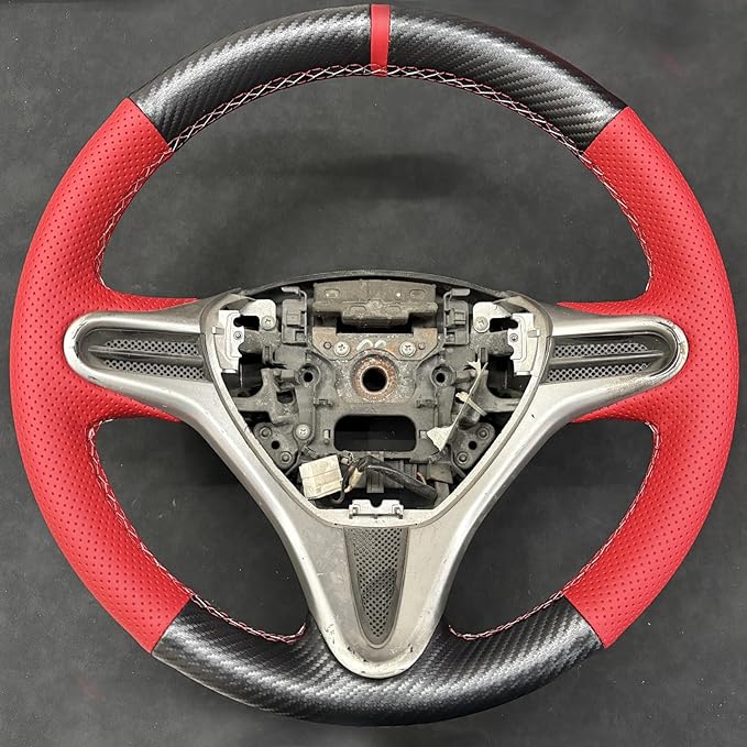Loncky Black Genuine Leather Carbon Fiber Steering Wheel Cover for Honda Civic 8 2006 2007 2008 2009 2010 2011 Car Custom Fit Hand Stitched OEM DIY Suede Car Interior Parts Accessories