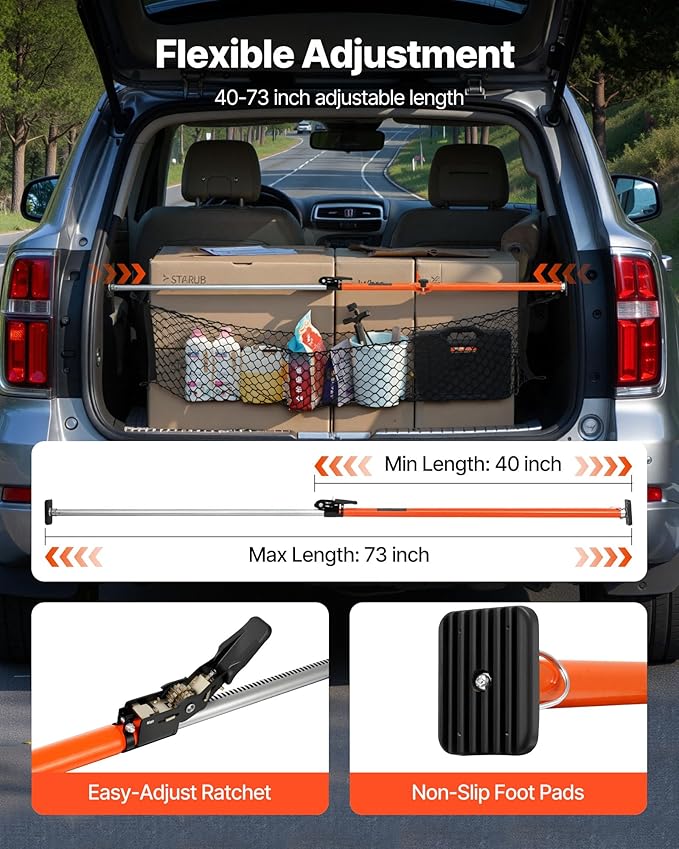 VEVOR Cargo Bar, Cargo Bars Adjustable from 40" to 73", Heavy-Duty Steel Cargos Stabilizer with Storage Net & Divider Bar, Telescoping Load Lock Bars for SUVs, Sedans