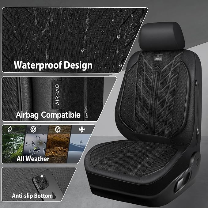 CAR PASS Leather Oxford Car Seat Covers Full Set,Heavy Duty Car Seat Covers Waterproof,Universal Fit for Trucks SUV Sedan Most Cars,Non-Slip,Armrest Airbag Compatible,All Black 3D Tyre Embossed