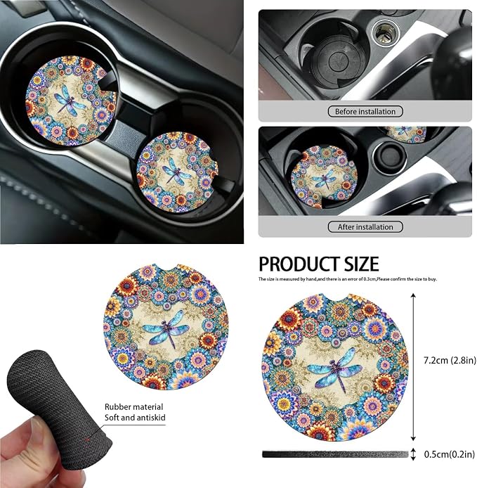 Boho Mandala and Dragonfly Pattern Car Accessories Car Seat Covers Full Set with Steering Wheel Covers+Seat Belt Pads+Coasters+Keychain+Lipstick Holder Universal Fit(13 Pack)