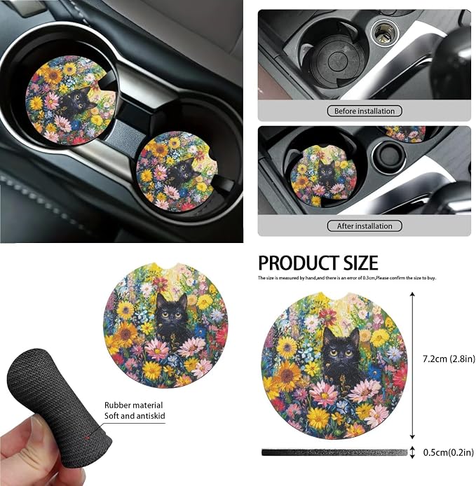 Cat Daisy Print Car Seat and Steering Wheel Cover Set with Safety Belt Pads Inside Rearview Mirror Cover Cup Cushions Trash Bin Car Vent Storage Pouch Key Chain Universal Fit