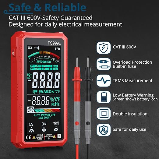 6000 Counts Smart Digital Multimeter,USB Rechargeable,Color LCD Screen | Smart auto/manual multimeter,AC/DC voltage current,NCV safety,capacitance frequency temperature,True RMS,home and car repair