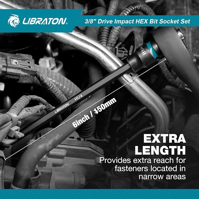 LIBRATON 3/8" Drive Long Impact Hex Bit Socket Set, Allen Bit Sockets, S2 Steel Hex Head Sockets, 20PCS Allen Wrench Socket, SAE&Metric Allen Bit Socket Set, 6" Long Allen Key Socket, Blow Molded Box