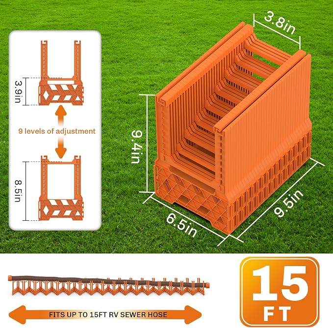 WELLUCK RV Sewer Hose Support 15FT, Blaze Orange RV Sewer Support with Adjustable Height Design, Secure Rubber Band and Carry Strap, Quick Setup and Collapse for Campers Travel Trailers and Motorhome
