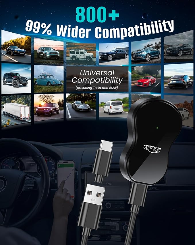 Wireless Carplay Adapter for Apple iPhone iOS 10+ & Cars from 2016+,Plug & Play, Auto-Connect Stable Control & No Latency Mini Size with Extension Cable USB/Type-C (M7)