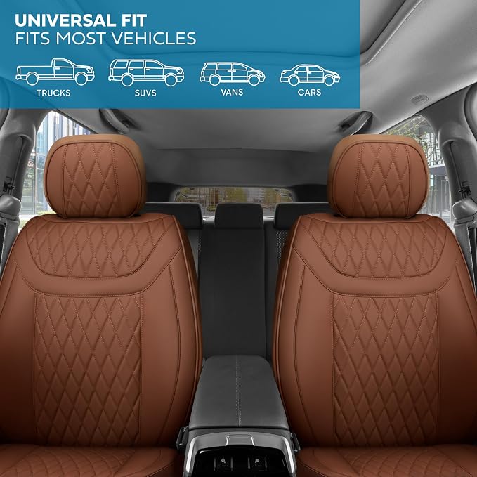 MotorBox Creekstone Series – PU Leather Seat Covers for Cars, Creekstone Series Cross-Stitch Edition Front Seat Covers, Diamond Stitched PU Leatherette Brown Car Seat Covers for Cars Trucks SUVs