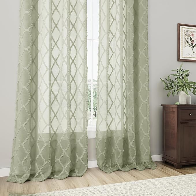 Extra Long Sage Green Sheer Curtains 108 Inch Length for Living Room 2 Panels Back Tab Light Green Boho Farmhouse Drapes Light Filtering Privacy Embroiderd Textured Rustic Curtain for Bedroom 52x108