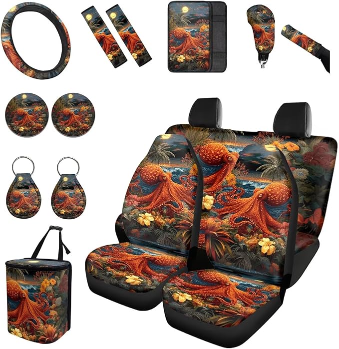 Forchrinse Octopus Car Seat Covers for Women Men Full Set 15 Pack Car Accessories Set with Steering Wheel Covers Armrest Seat Belt Covers Gear Handbrake Cover
