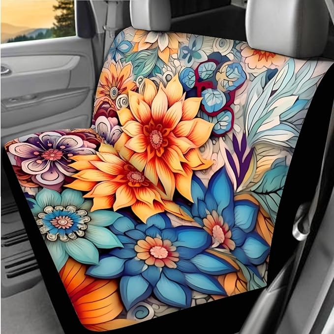 BIGCARJOB 12 Pcs Boho Lotus Car Seat Set Universal Interior Accessories Full Set for Women Car Front Rear Seat Protector,Seat Belt Cover,Armrest Pads,Cup Holder Coaster