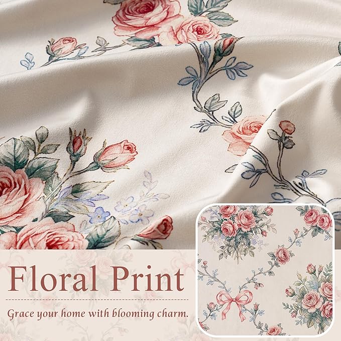 StangH French Country Rose Floral Velvet Curtains, Cream Shabby Chic Ribbon Bow Printed Window Drapes Romantic Privacy Panels for Girls Room Nursery, W52 x L84, 2 Panels