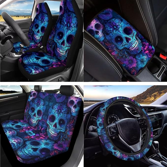 Skull Print Car Seat Cover Full Set with Floral Printed Car Accessories Set Included Car Steering Wheel Cover Seat Belt Protector Armrest Pad Cover Auto Rear View Mirror Protector