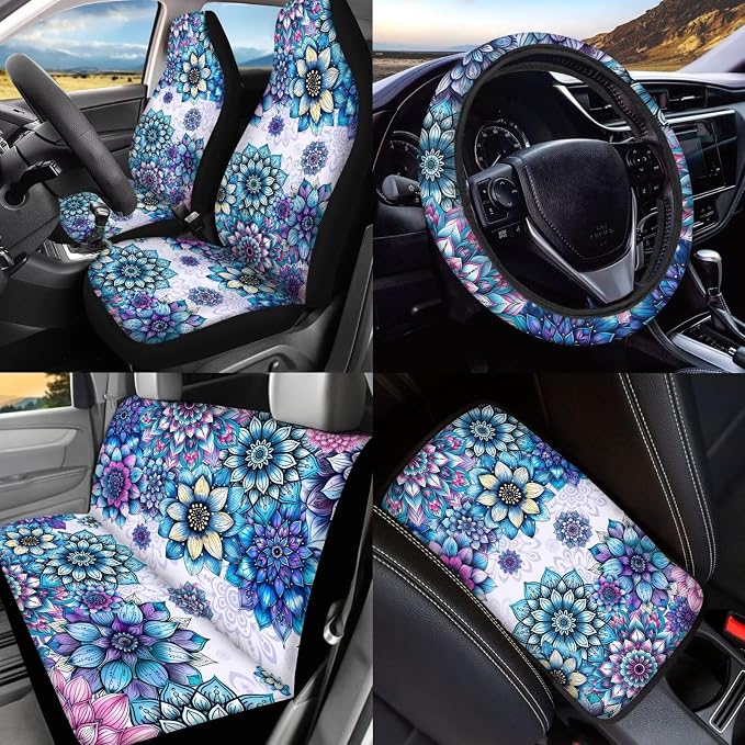BIGCARJOB Purple Boho Lotus Car Seat Covers Set Hippie Lotus Print Auto Seat Headrest Cover Universal Steering Wheel Cover Car Trash Can Hanging Auto Interior Accessories Set 15 Pieces