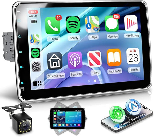 Single Din Car Stereo with Wireless A-pple Carplay Android Auto You-Tube, 10" IPS Touch Screen Car Radio 1 Din with Backup Camera Car Audio Receiver Support Mirror Link BT FM USB EQ SWC