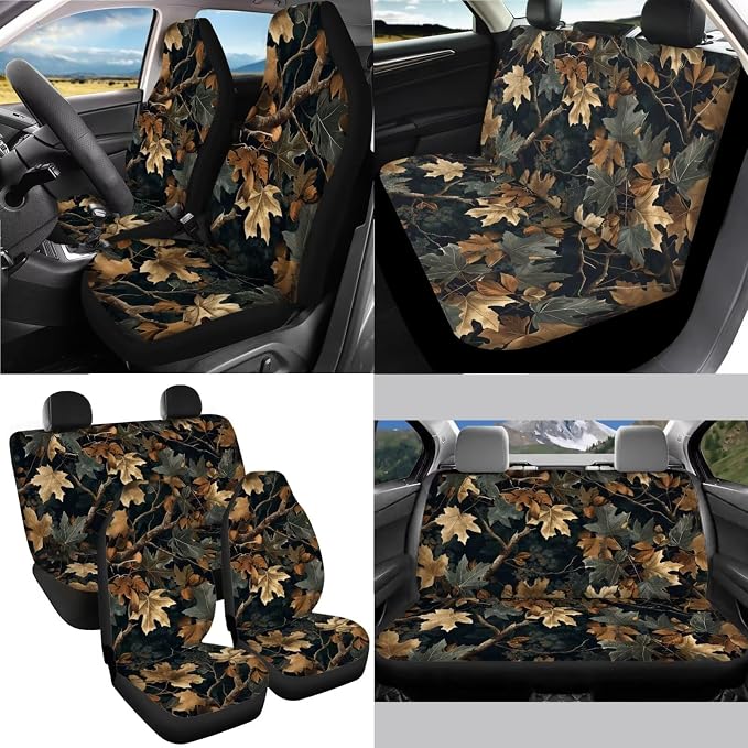 Hunting Camo Pattern Women’s 13 Pieces Car Accessories, 4 PCS Auto Seat Covers with Elastic Backing, 1 Piece Steering Wheel Cover, 4 Safe Belt Pads, 4 Cup Coasters as Gift for Family Friend