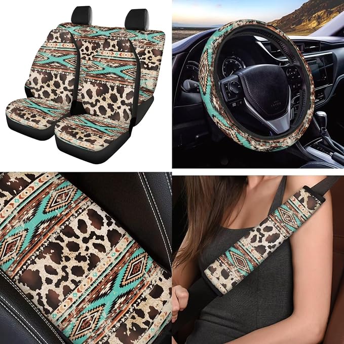 Brown Cow Print 12Pcs Car Seat Covers Full Set Car Seat Belt Cover Steering Wheel Cover Armrest Cushion Cup Coasters and Keychain Holder Suitable for Most Cars,SUV