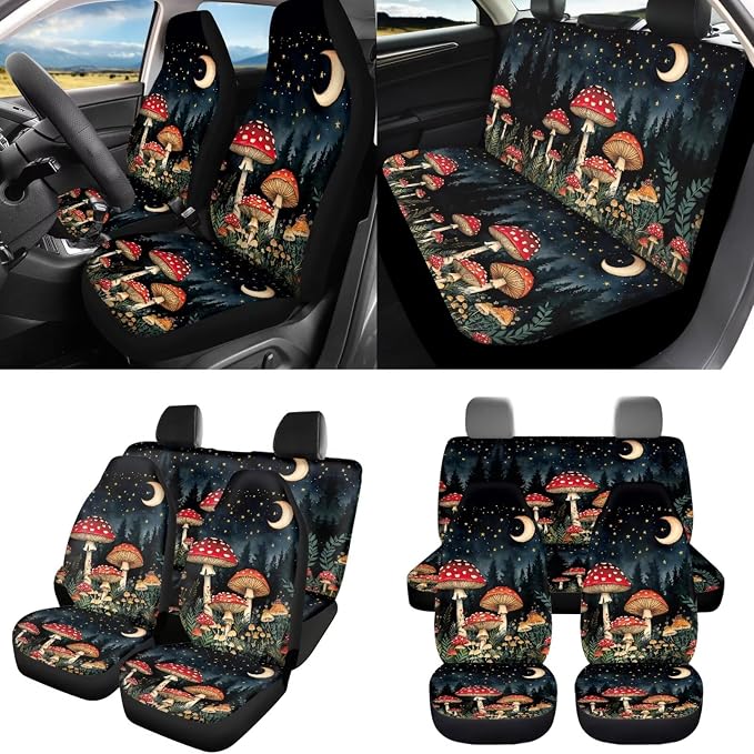 8 Pcs Moon Mushroom Car Seat Covers Full Set Car Accessories for Women Front Seat Cover Steering Wheel Armrest Cover Seat Belt Cover for Auto SUV Interior Decoration