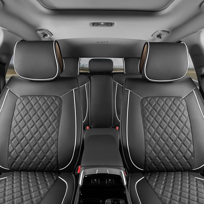 MotorBox Prestige Edition Napa Leather Car Seat Covers Full Set, Open Sides Leather Seat Covers, Premium PU Leatherette Black & White Seat Covers for Cars Trucks SUVs, Front and Rear Seat Cover Set