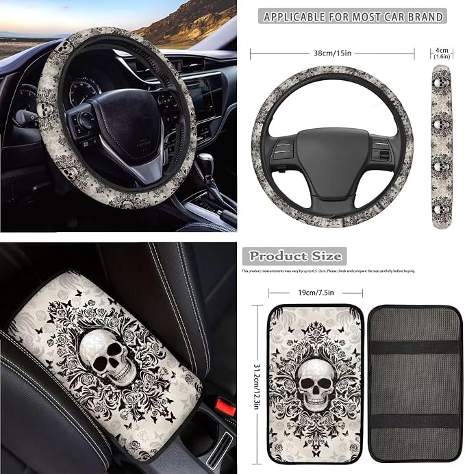 Gothic Skull Print Full Set Car Seat Covers with Steering Wheel Cover Safety Belt Pads Armrest Cushion Headrest Protectors Gear Shift Knob + Handbrake Covers etc, Universal Fits