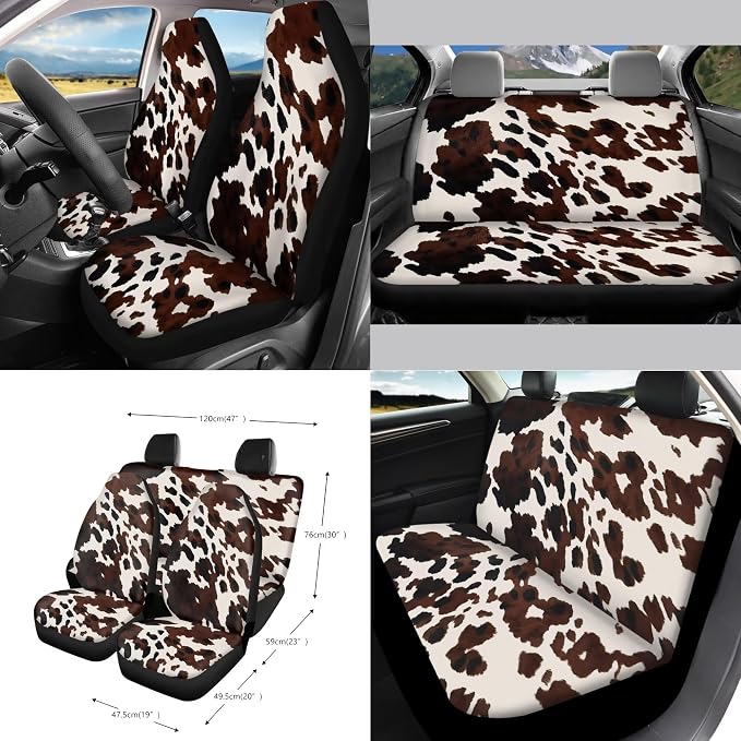 Cow Spot Print 15 Pack Car Accessories Set Car Seat Covers Steering Wheel Cover Seat Belt Strap Pad Rearview Mirror Cover Garbage Cans Air Vent Storage Bag Cup Holder Key Chain