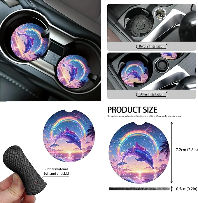 Dolphin Colorful Wave Print Car Seat Cover Full Set of 15 Steering Wheel Cover Seat Belt Strap Pad Trash Bag Air Vent Storage Holder Cup Coasters Rear View Mirror Covers Key Chain