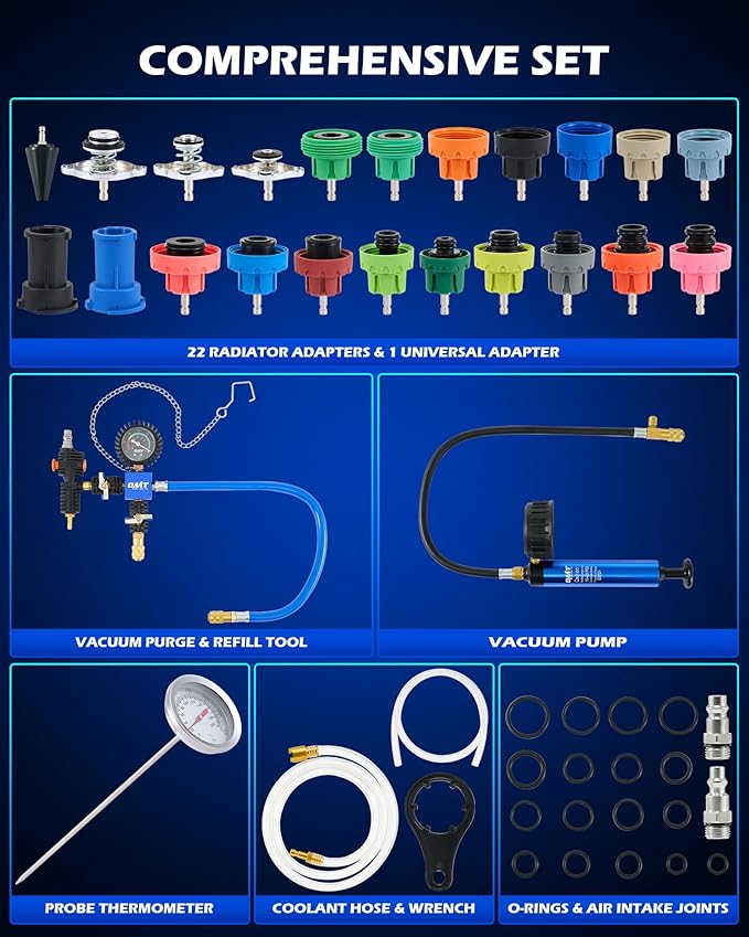 Orion Motor Tech Coolant Pressure Tester Kit, 33pc Master Coolant Vacuum Refill Kit with 23 Radiator Adapters, Radiator Cooling System Pressure Tester Kit with Vacuum Pump Vacuum Purge & Refill Tool