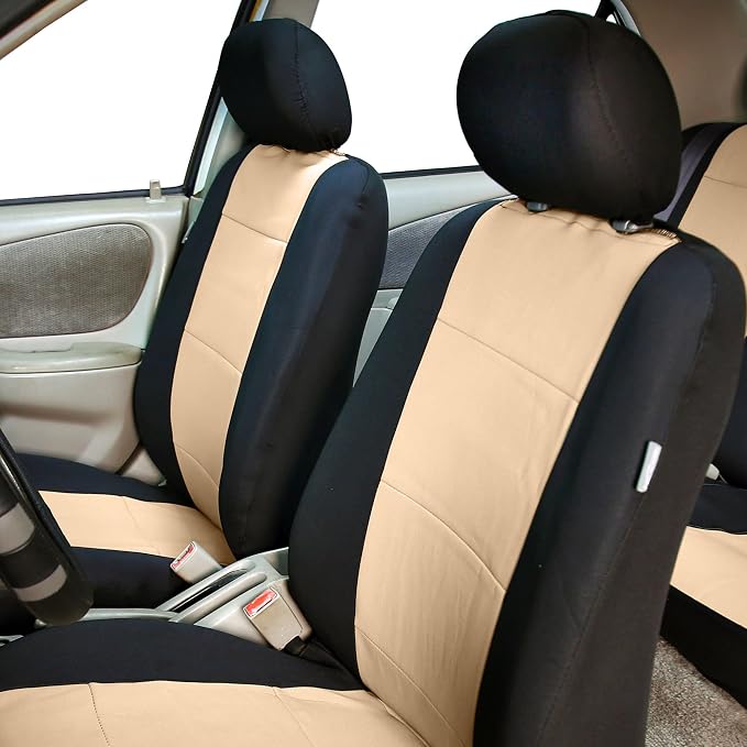 FH Group Waterproof Neoprene Car Seat Covers Front Set – Universal Fit Front Seat Cover with Storage Pockets, Airbag Compatible Automotive Seat Covers for Cars, SUVs & Vans, Beige